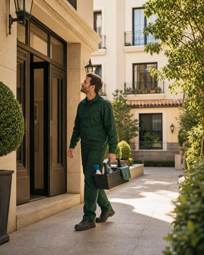Profesional de multiservicios revisando la entrada de una comunidad residencial